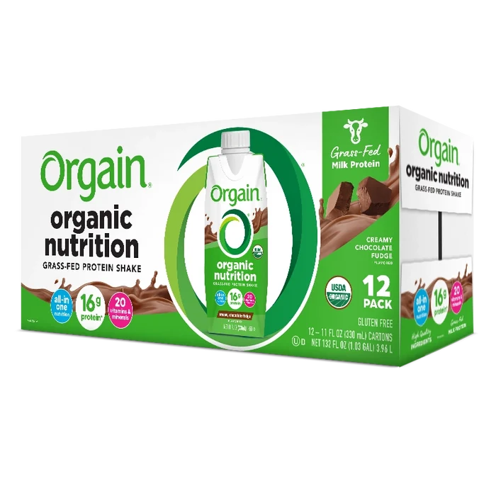 Angled Right side of Organic Nutrition Shake Creamy Chocolate Fudge Flavor in the 12 Shakes Size