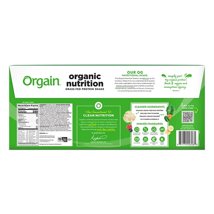 Back of Organic Nutrition Shake Creamy Chocolate Fudge Flavor in the 12 Shakes Size