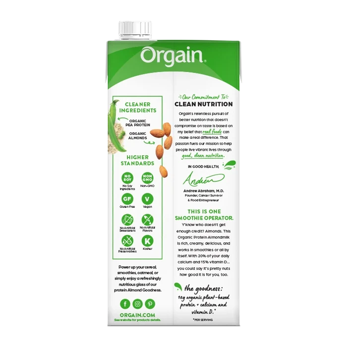 Back of Organic Protein Almond Milk - Unsweetened Vanilla  Flavor in the 6 Cartons Size