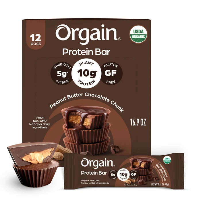 Single and case of Organic Protein Bar - Peanut Butter Chocolate Chunk  Flavor in the 12 Bars Size with image of Peanut Butter Cup