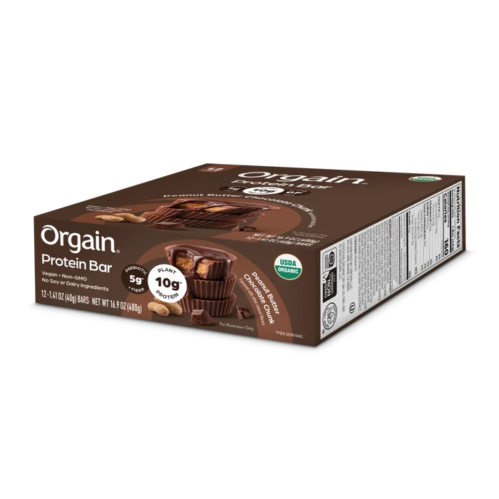 Angled top side of Organic Protein Bar - Peanut Butter Chocolate Chunk Flavor in the 12 Bars Size