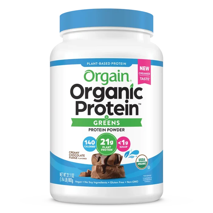 Front of Organic Protein & Greens Plant Based Protein Powder Creamy Chocolate Fudge Flavor in the 1.94lb Canister Size