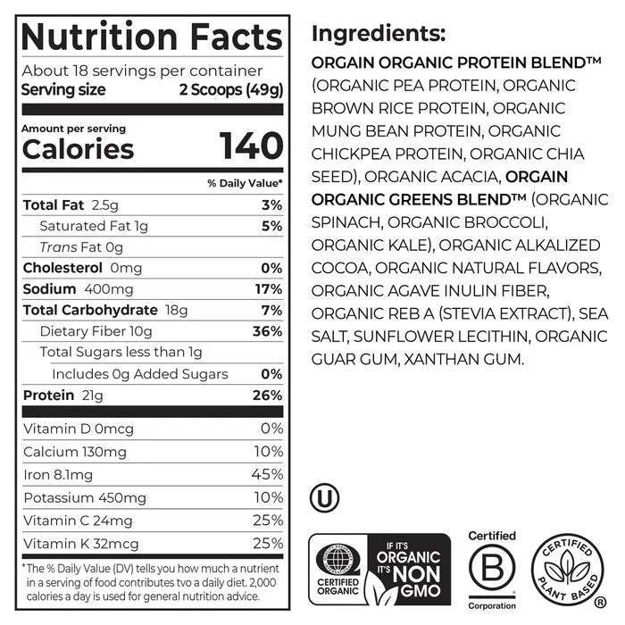 Nutrition fact panel and list of ingredients of Organic Protein & Greens Plant Based Protein Powder Creamy Chocolate Fudge Flavor in the 1.94lb Canister Size