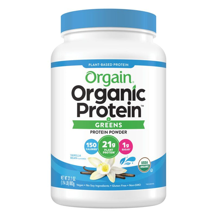 Front of Organic Protein & Greens Plant Based Protein Powder - Vanilla Bean  Flavor in the 1.94lb Canister Size