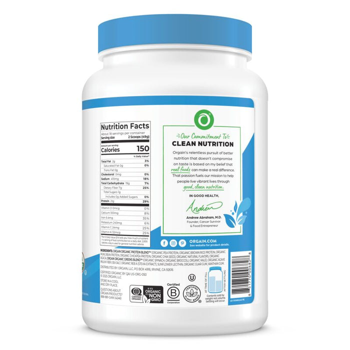 Right side of Organic Protein & Greens Plant Based Protein Powder - Vanilla Bean  Flavor in the 1.94lb Canister Size