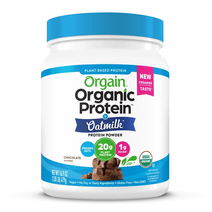 Front of Organic Protein + Oatmilk Plant Based Protein Powder Chocolate Flavor in the 1.05lb Canister Size