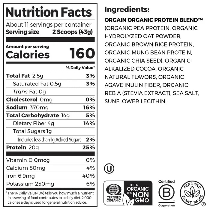 Nutrition fact panel and list of ingredients of Organic Protein + Oatmilk Plant Based Protein Powder Chocolate Flavor in the 1.05lb Canister Size