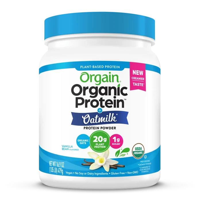 Front of Organic Protein + Oatmilk Plant Based Protein Powder - Vanilla  Flavor in the 1.05lb Canister Size