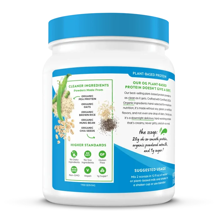 Left side of Organic Protein + Oatmilk Plant Based Protein Powder - Vanilla  Flavor in the 1.05lb Canister Size