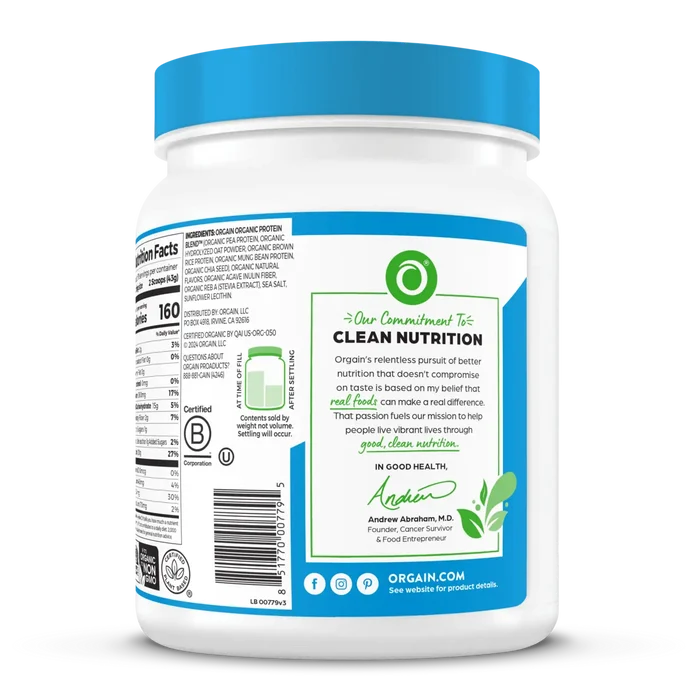 Right side of Organic Protein + Oatmilk Plant Based Protein Powder - Vanilla  Flavor in the 1.05lb Canister Size