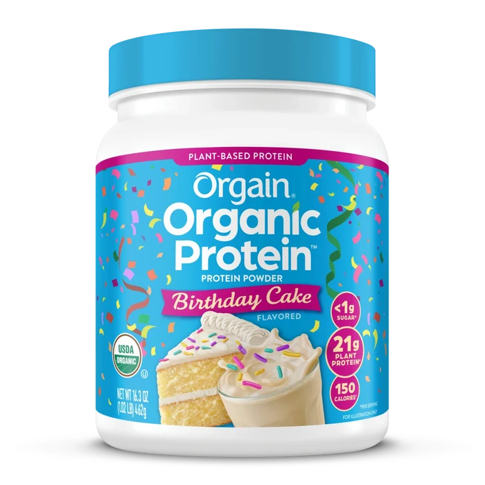 Front of Orgain Organic Protein Powder  Birthday Cake flavor in the 1.02lb size