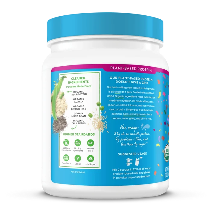 Left side of Orgain Organic Protein Powder Birthday Cake flavor in the 1.02lb size