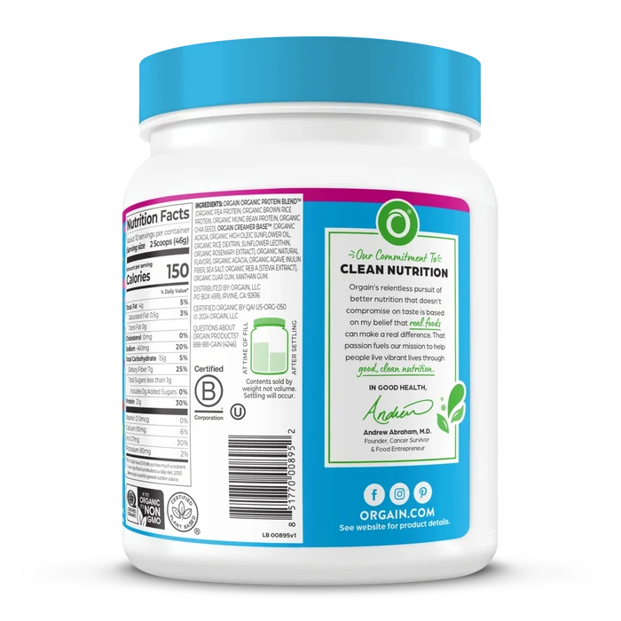 Right side of Orgain Organic Protein Powder Birthday Cake flavor in the 1.02lb size