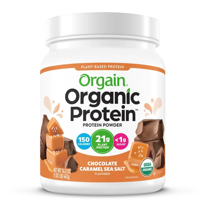 Front of Organic Protein Plant Based Protein Powder - Chocolate Caramel Sea Salt  Flavor in the 1.02lb Canister Size