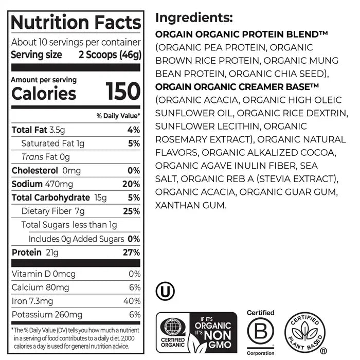 Nutrition fact panel and list of ingredients of Organic Protein Plant Based Protein Powder - Chocolate Caramel Sea Salt  Flavor in the 1.02lb Canister Size