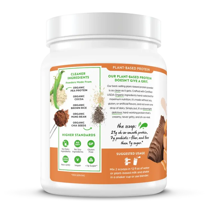 Left side of Organic Protein Plant Based Protein Powder - Chocolate Caramel Sea Salt  Flavor in the 1.02lb Canister Size