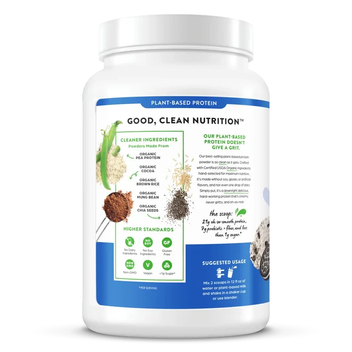 Left side of Organic Protein Plant Based Protein Powder - Cookies 'n Cream  Flavor in the 2.03lb Canister Size