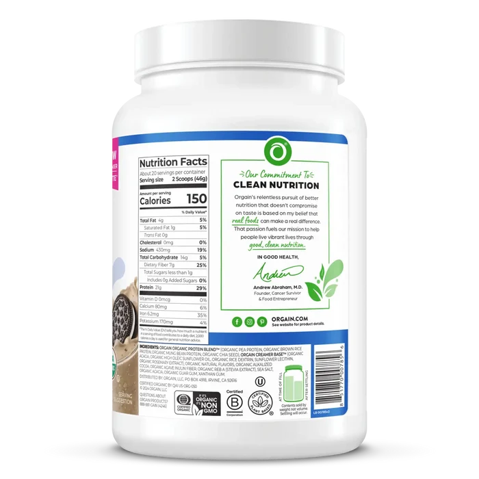 Right side of Organic Protein Plant Based Protein Powder - Cookies 'n Cream  Flavor in the 2.03lb Canister Size