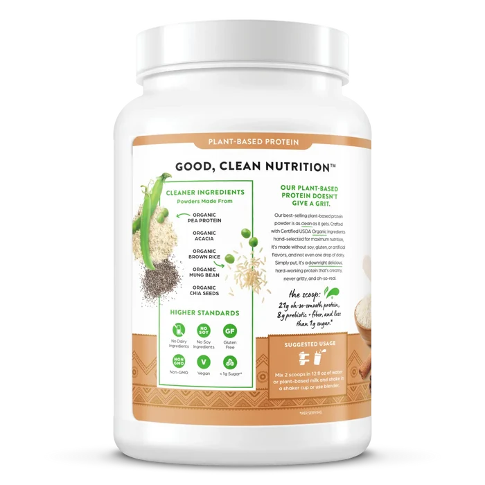 Left side of Organic Protein Plant Based Protein Powder - Horchata  Flavor in the 2.03lb canister Size