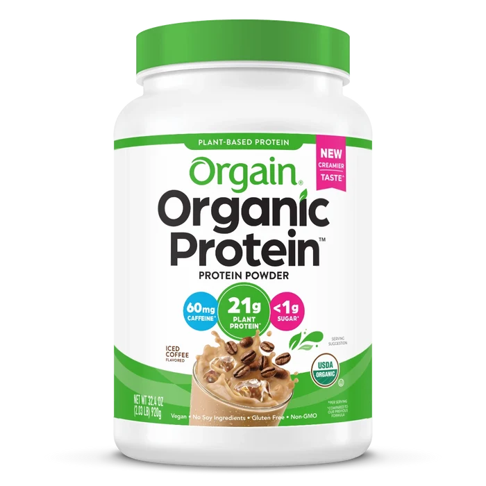 Front of Organic Protein Plant Based Protein Powder - Iced Coffee  Flavor in the 2.03lb Canister Size