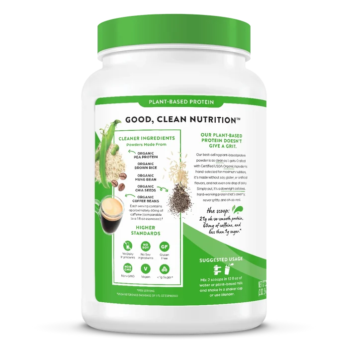 Left side of Organic Protein Plant Based Protein Powder - Iced Coffee  Flavor in the 2.03lb Canister Size