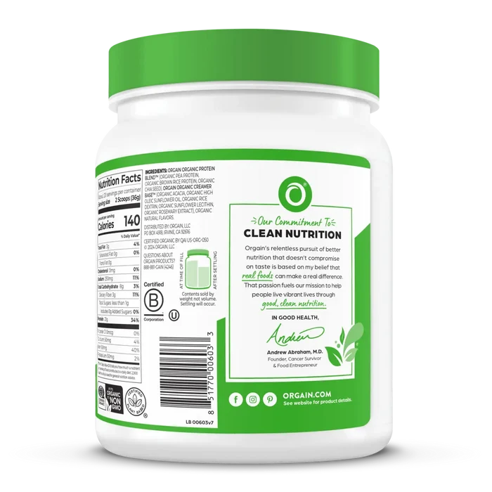 Right side of Organic Protein Plant Based Protein Powder - Natural Unsweetened  Flavor in the 1.59lb Canister Size