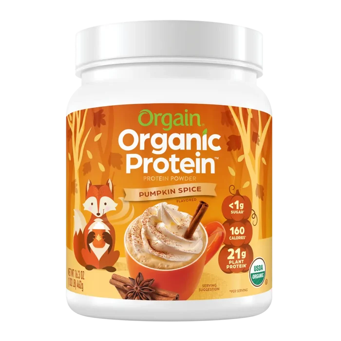 Front of Orgain Organic Protein Powder in the pumpkin spice flavor