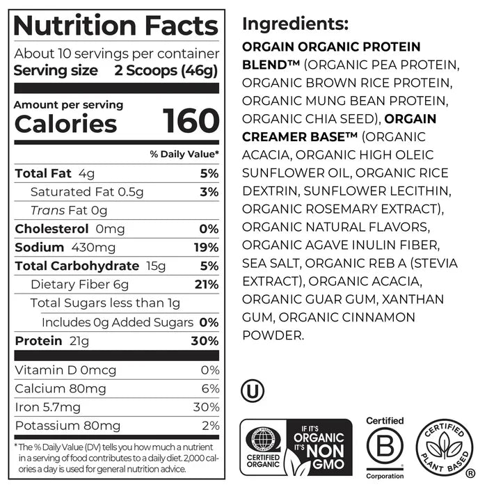 Nutrition Fact Panel and List of Ingredients Orgain Organic Protein Powder in the pumpkin spice flavor
