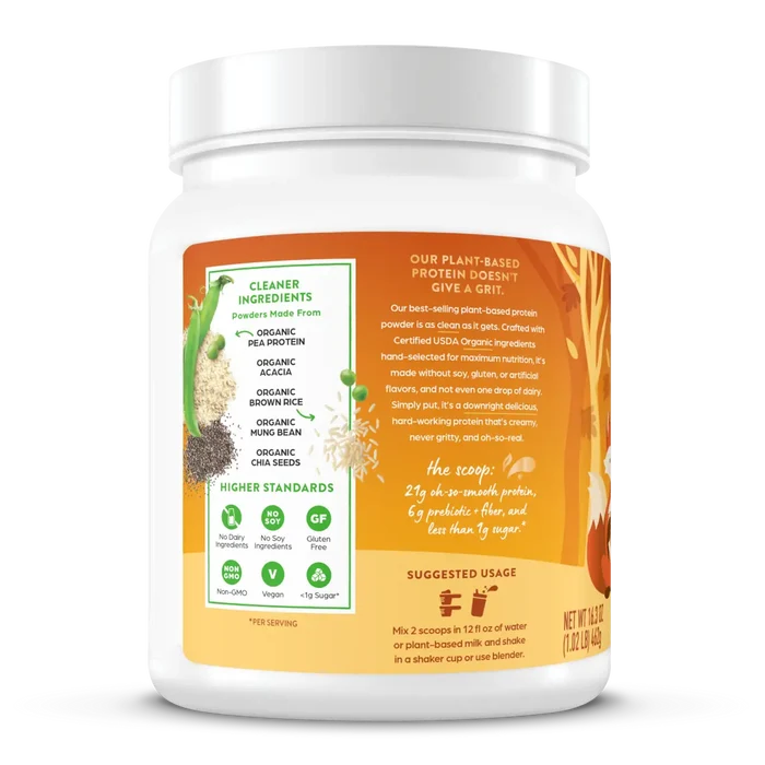 Left side of Orgain Organic Protein Powder in the pumpkin spice flavor