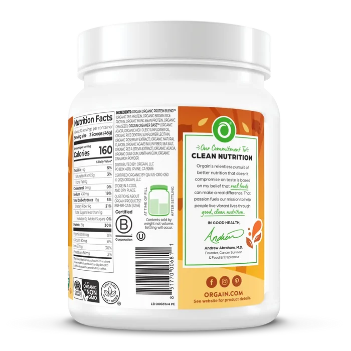 Right side of Orgain Organic Protein Powder in the pumpkin spice flavor