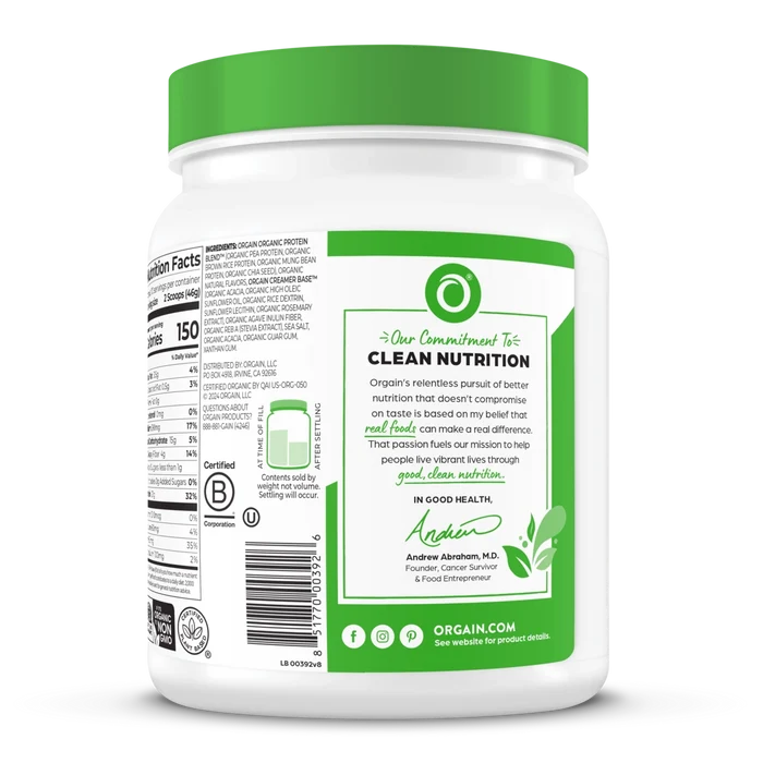 Right side of Organic Protein Plant Based Protein powder in vanilla bean flavor 1lb size