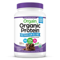 Front of Orgain Organic Protein Powder plus metabolism blend creamy chocolate fudge flavor in 1.71 lb canister