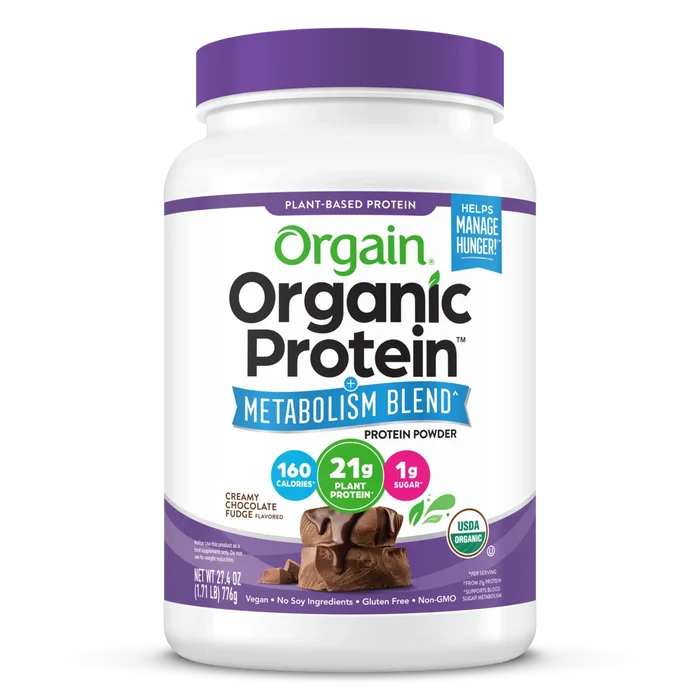 Front of Orgain Organic Protein Powder plus metabolism blend creamy chocolate fudge flavor in 1.71 lb canister