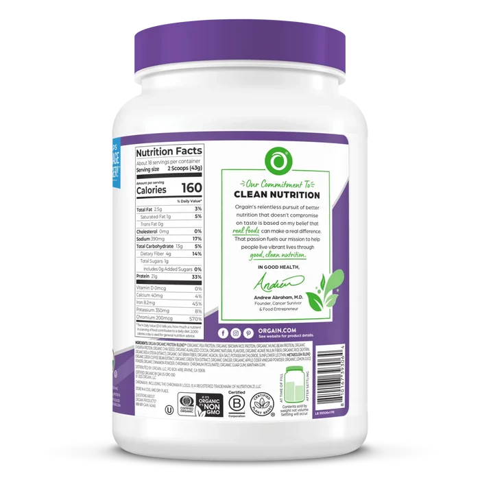 right side of Orgain Organic Protein Powder plus metabolism blend creamy chocolate fudge flavor in 1.71 lb canister