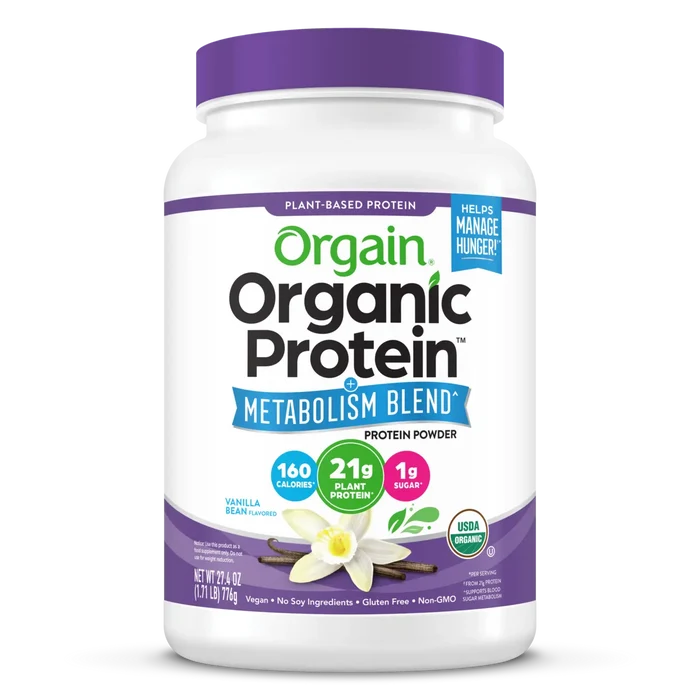 Front of Orgain Organic Protein Powder plus metabolism blend vanilla bean flavor in 1.71 lb canister