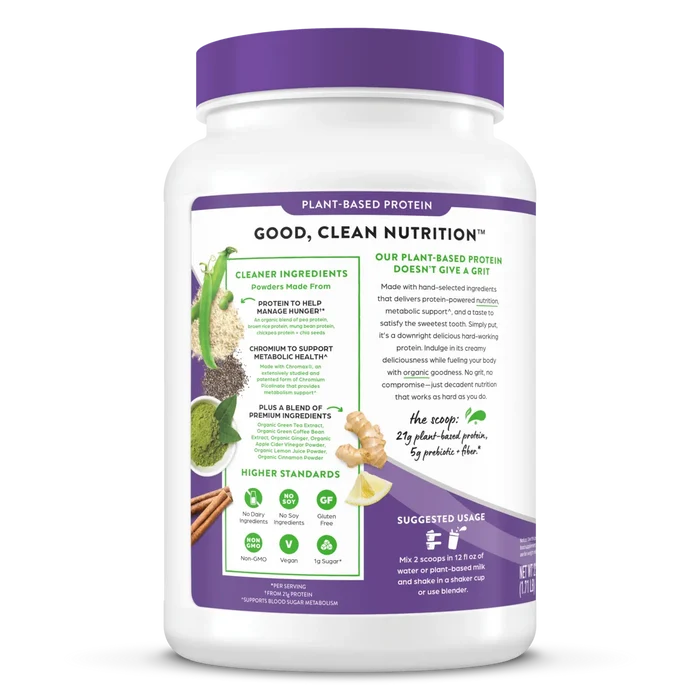 left side of Orgain Organic Protein Powder plus metabolism blend vanilla bean flavor in 1.71 lb canister