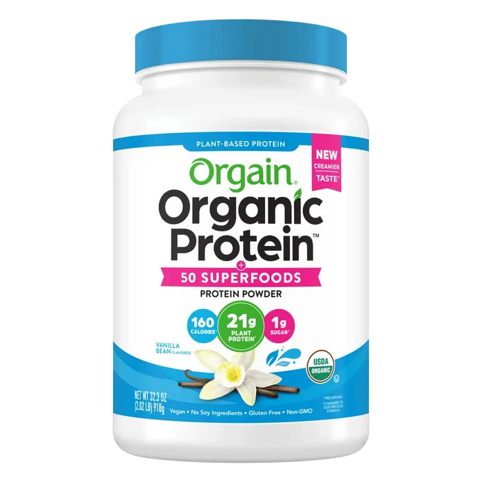 Front of Organic Protein & Superfoods Plant Based Protein Powder - Vanilla bean  Flavor in the 2.02lb Canister Size