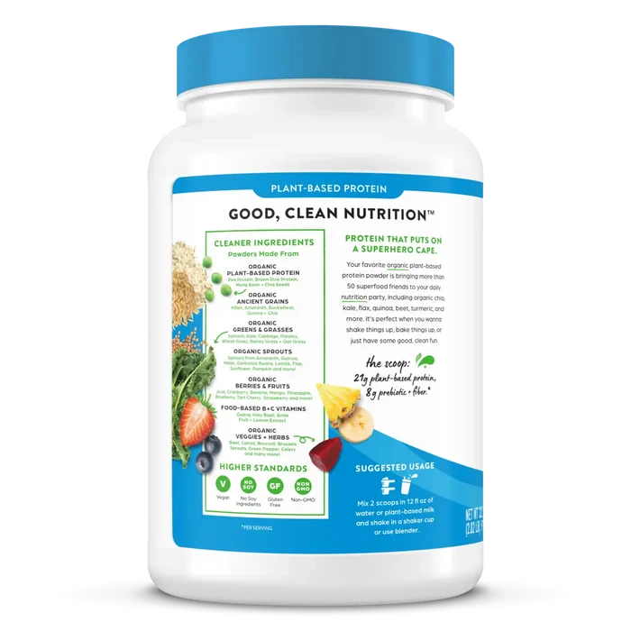 Left side of Organic Protein & Superfoods Plant Based Protein Powder - Vanilla bean  Flavor in the 2.02 Canister Size