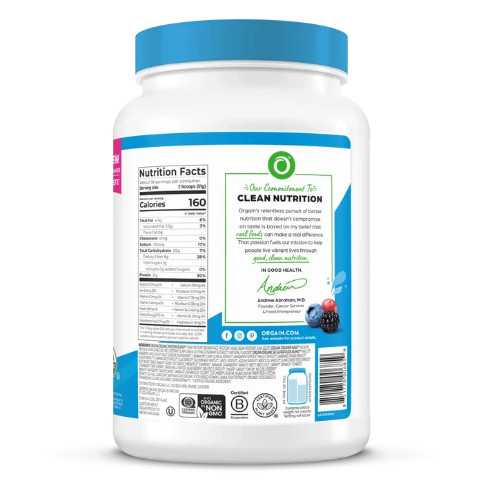 Right side of Organic Protein & Superfoods Plant Based Protein Powder - Vanilla bean  Flavor in the 2.02lb Canister Size
