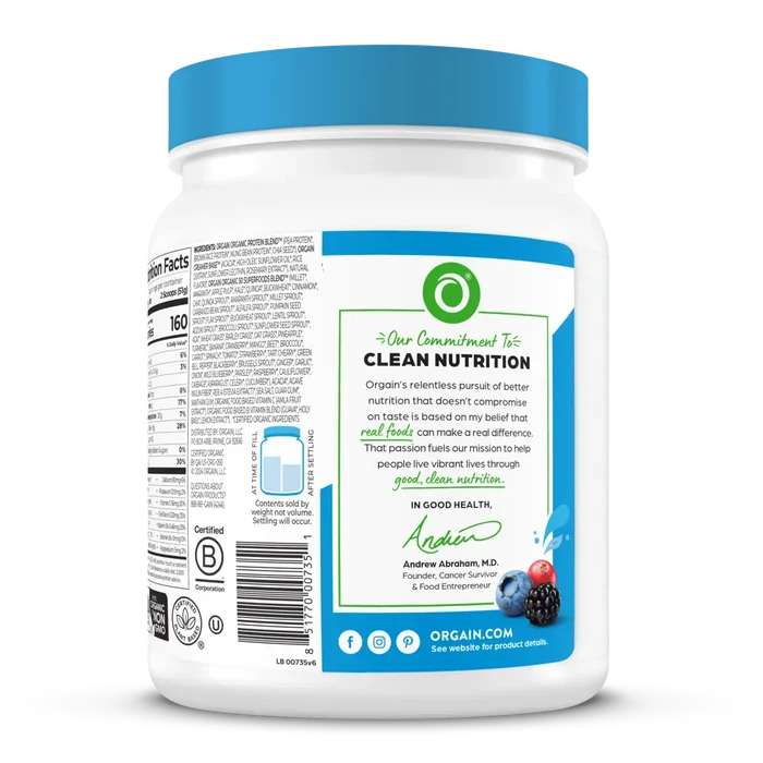 Right side of Organic Protein & Superfoods Plant Based Protein Powder - Vanilla bean  Flavor in the 1.12lb Canister Size