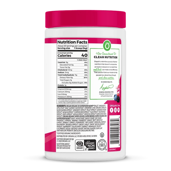 Right side of Organic Superfoods Powder - Berry  Flavor in the 0.62lb Canister Size