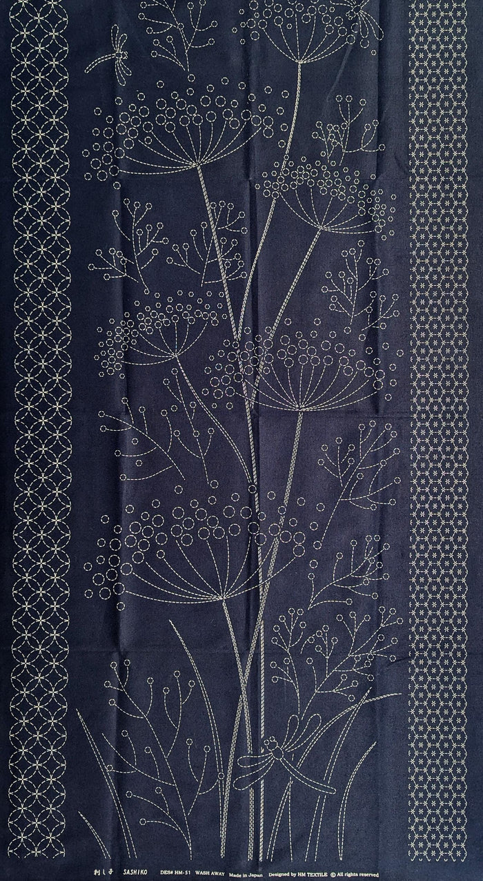 Orimono Imports - Dragonflies and Fennel Sashiko Washout Fabric Panel - Navy