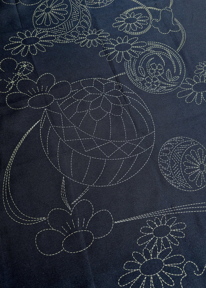 Orimono Imports - Flowering Temari Sashiko Washout Fabric Panel - Navy
