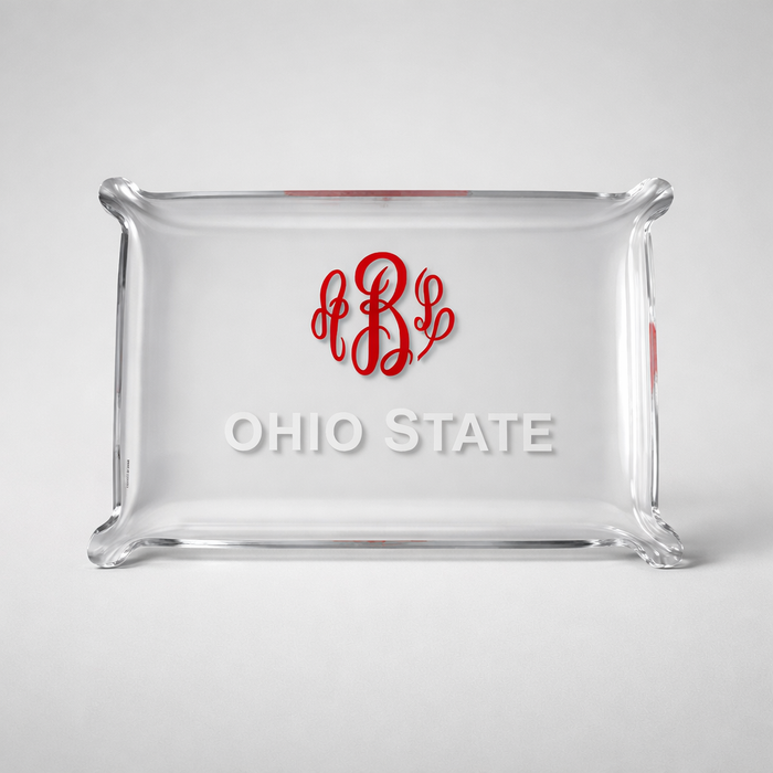Personalized acrylic trinket tray — shown with jewelry and accessories