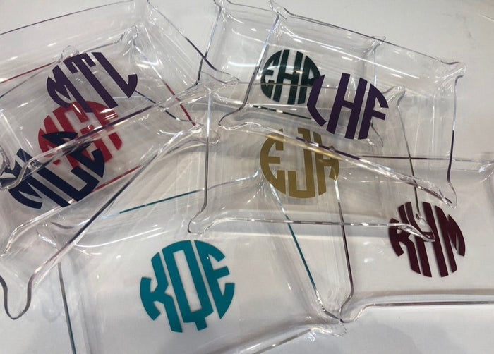 Personalized acrylic trinket tray — monogram example in gold script