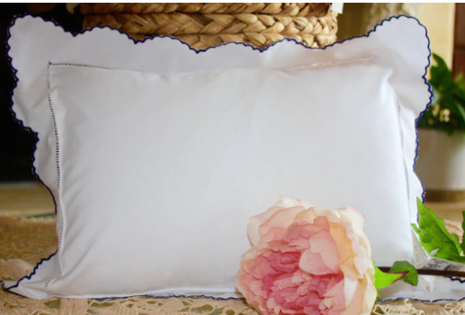 Personalized baby pillow scallop edge — shown with embroidered name in pink