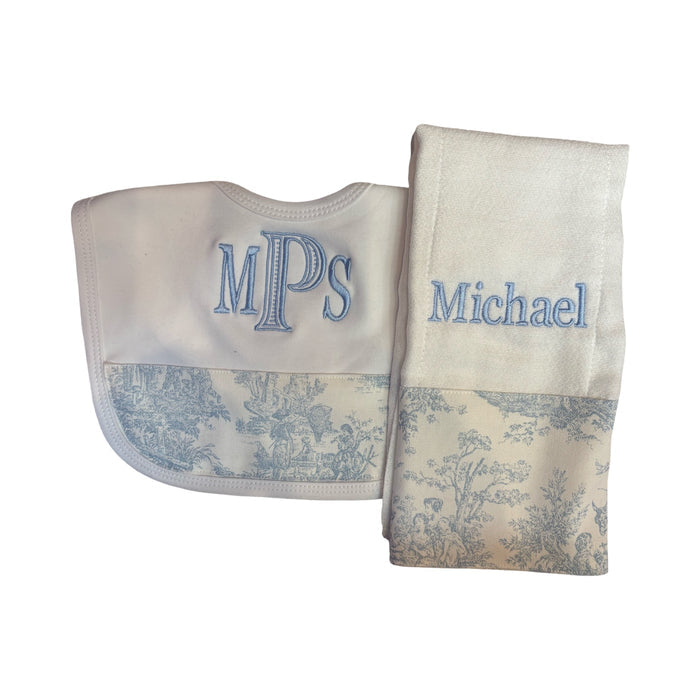 Personalized bib and burp cloth set — shown with embroidered name example