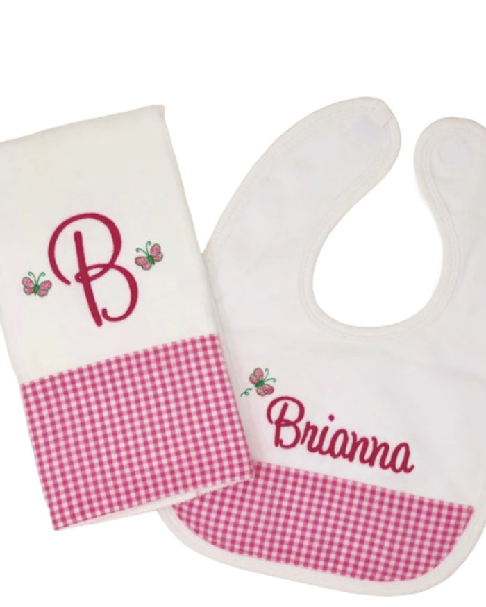 Personalized bib and burp cloth set — pink gingham colorway