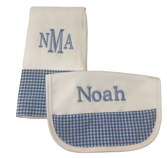 Personalized bib and burp cloth set — flat lay showing full set