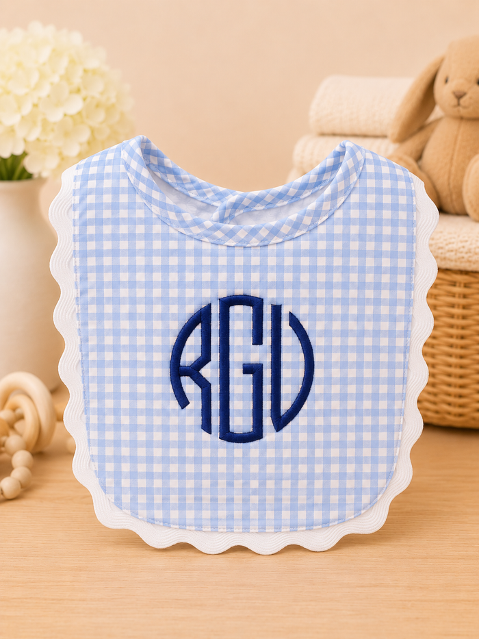 Personalized Blue Gingham Scallop Bib